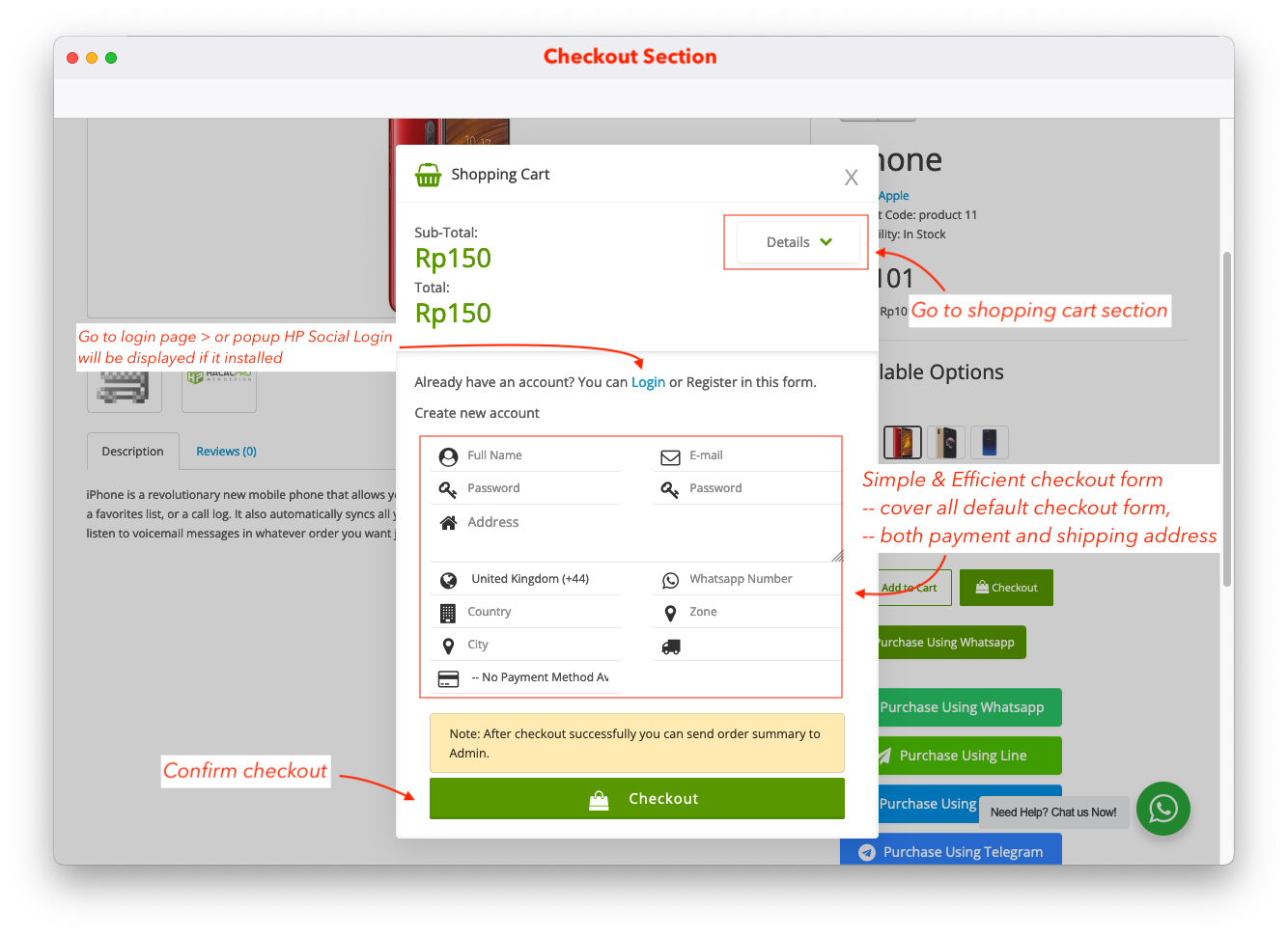 checkout section on ajax whatsapp checkout opencart